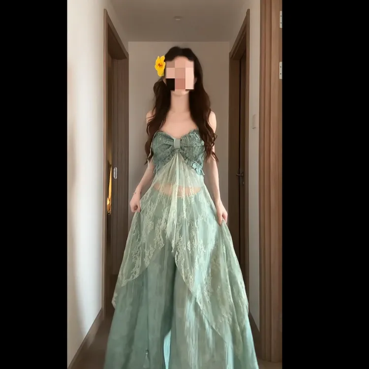 海边度假风夏日穿搭女不规则蕾丝拼接吊带长款上衣高腰阔腿裤套装