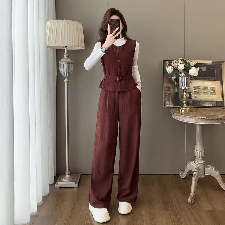 休闲时尚马甲套装女2025春秋新款减龄气质长袖打底衫阔腿裤三件套