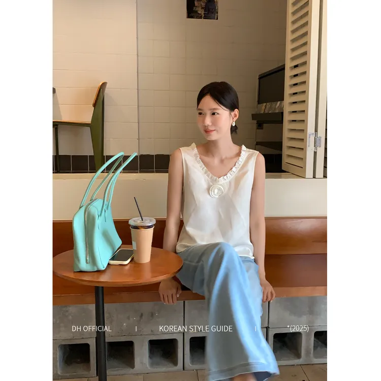 清DH OFFICIAL 大花【珍珠玫瑰 gloss】醋酸温柔风木耳边花朵衬衣