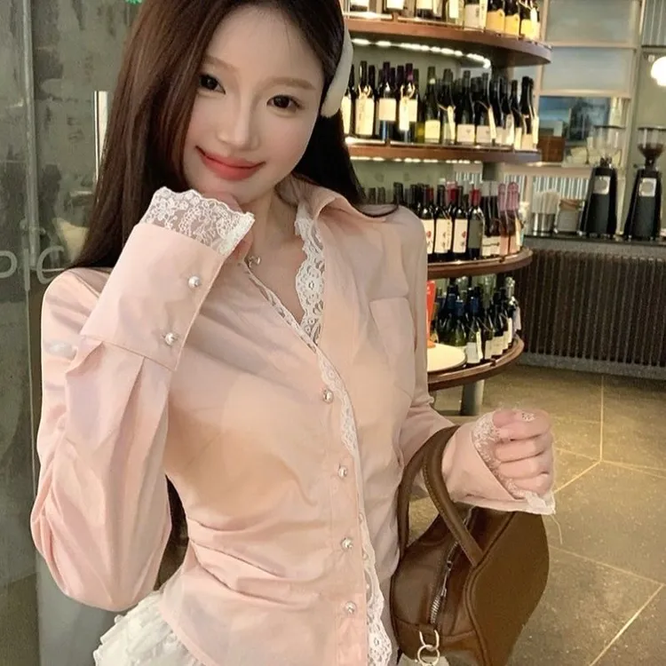 甜美减龄粉色掐腰显瘦蕾丝拼接防晒长袖衬衫气质上衣洋气时尚
