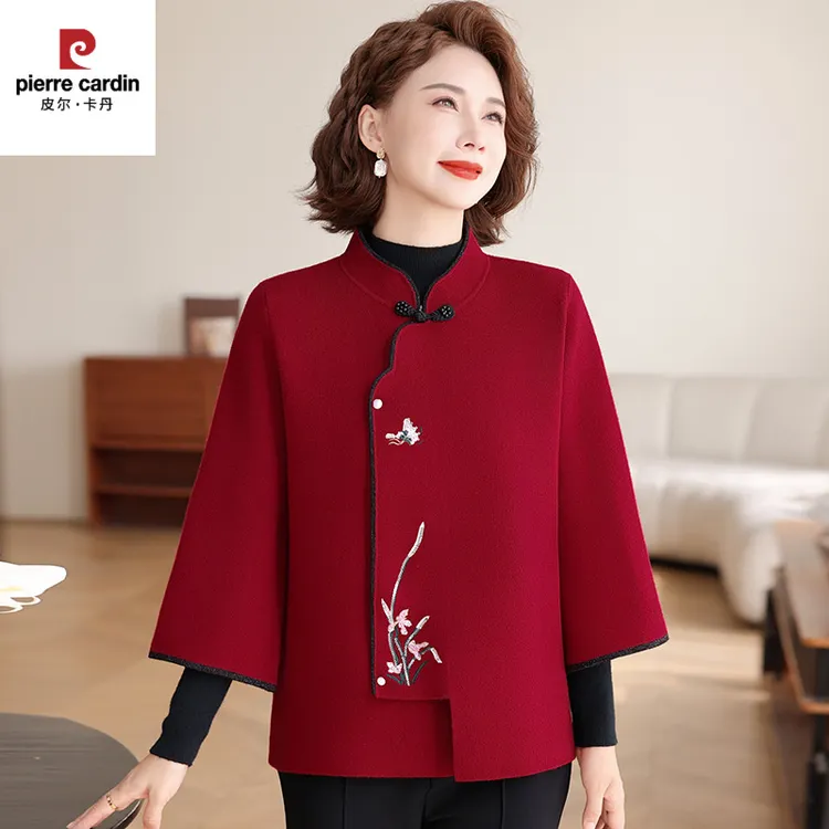 皮尔卡丹中年妈妈秋装新中式国风外套短款喜婆婆婚宴针织上衣春秋