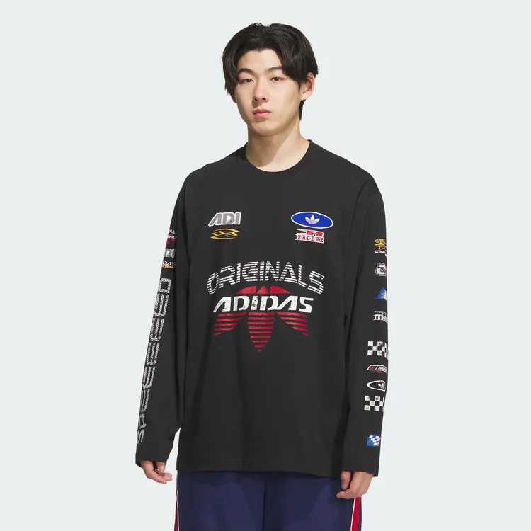 Adidas阿迪达斯三叶草男士赛车风纯棉运动宽松长袖百搭T恤KH1199
