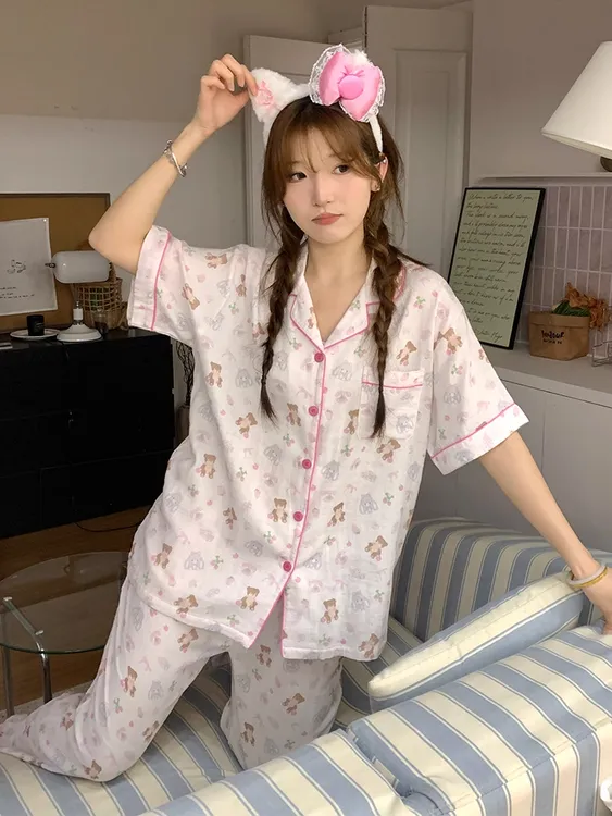 草莓泰迪熊睡衣女夏季2025新款超火短袖长裤云朵棉卡通家居服套装
