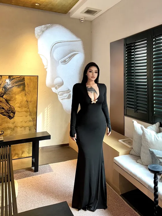 BBWootd大码欧美深V性感礼服黑色气质长款连衣裙优雅鱼尾长裙2025