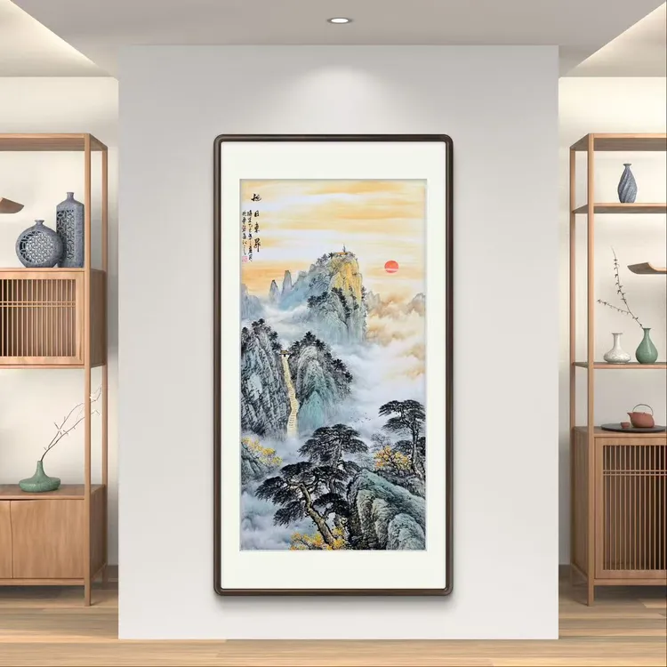 《旭日东升》纯手绘竖幅玄关走廊办公室山水国画挂画作品