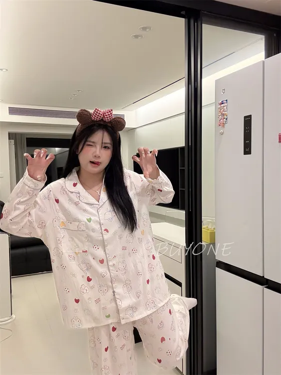 【草莓凯蒂】大码睡衣女胖MM200斤长袖长裤云朵棉草莓KT猫印花