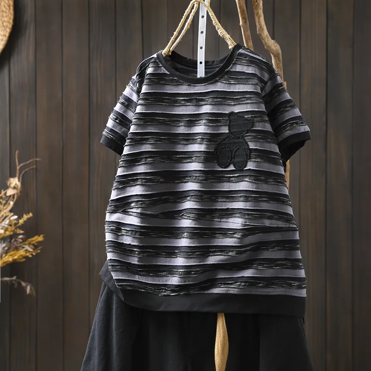 黑色条纹拼接短袖t恤女2025新款夏季设计感立体宽松休闲圆领上衣