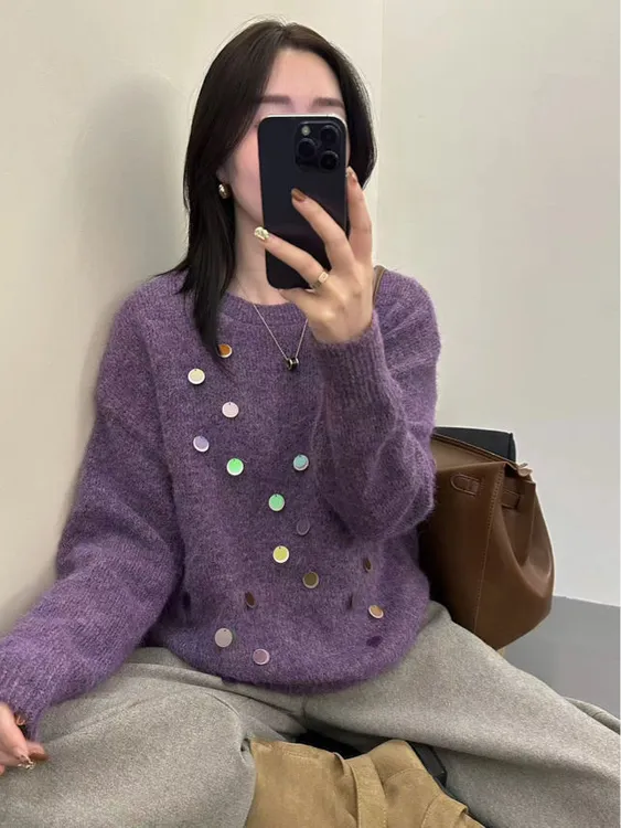 2025年冬套头新款韩系设计感简约时尚慵懒风针织衫宽松2151