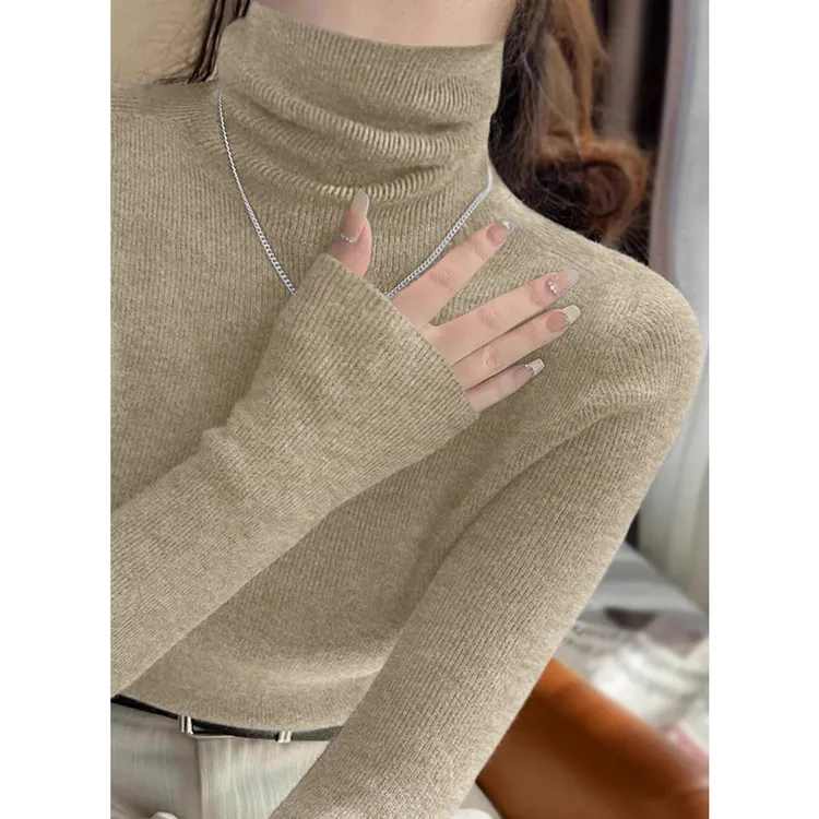 2025年堆堆领长袖针织百搭打底衫秋冬季新款简约修身气质女装毛衣