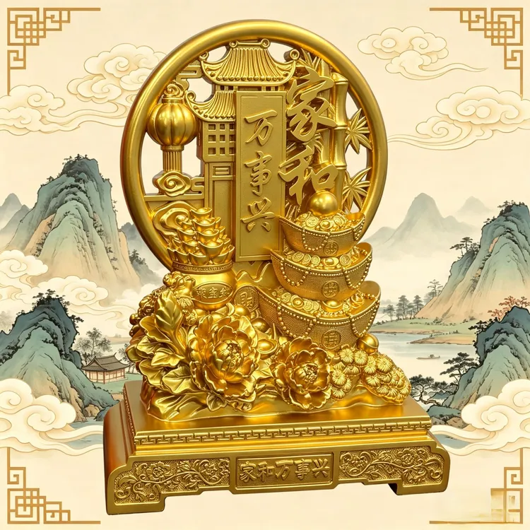 【家和万事兴】(约长25高30CM)新中式客厅办公室摆件2603(鎏金)