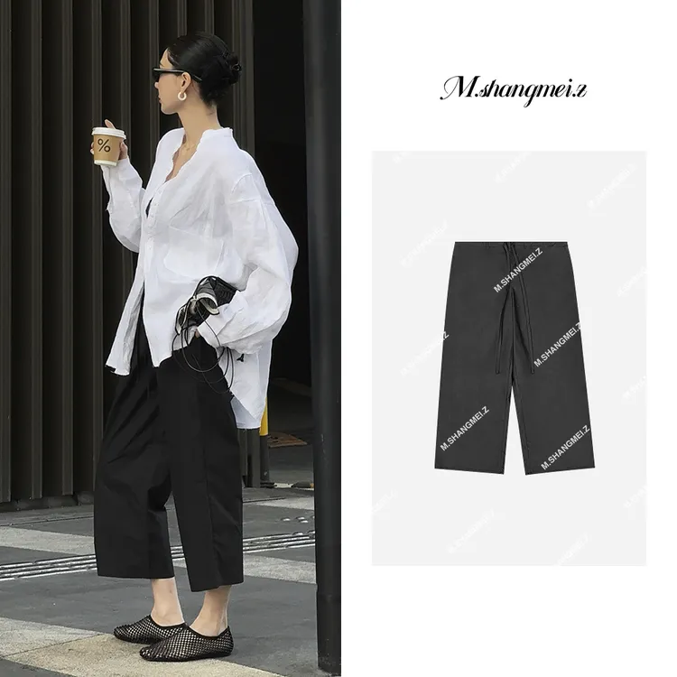 M.SHANGMEI.Z/沐熙【元气裤】慵懒随性洗水感系绳七分休闲裤X032195