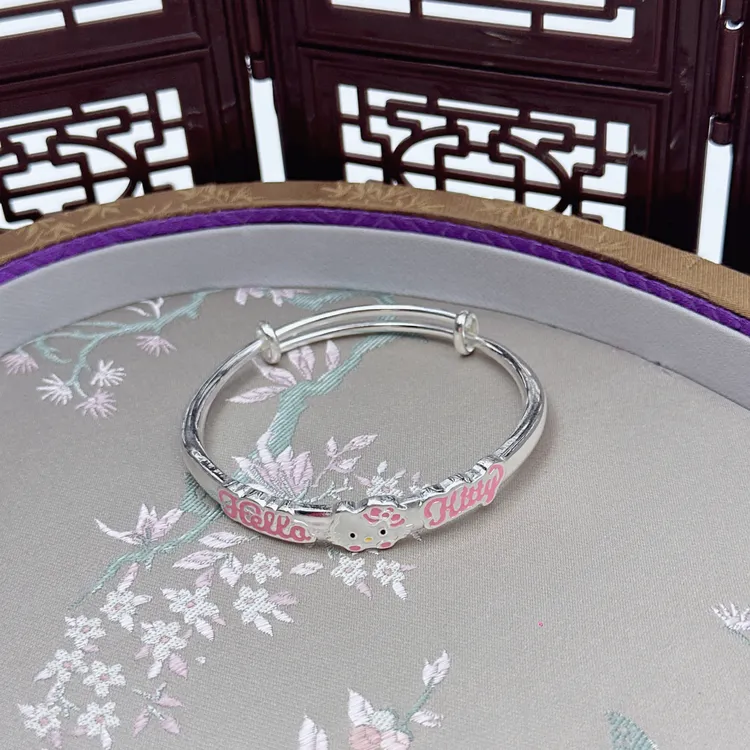 足银手镯 蝴蝶结kt猫银手镯银9999女宝宝中大童学生小孩子童镯