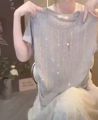 【绮可儿】夏季新款灰色重工烫钻设计感圆领T恤独特小众上衣女装