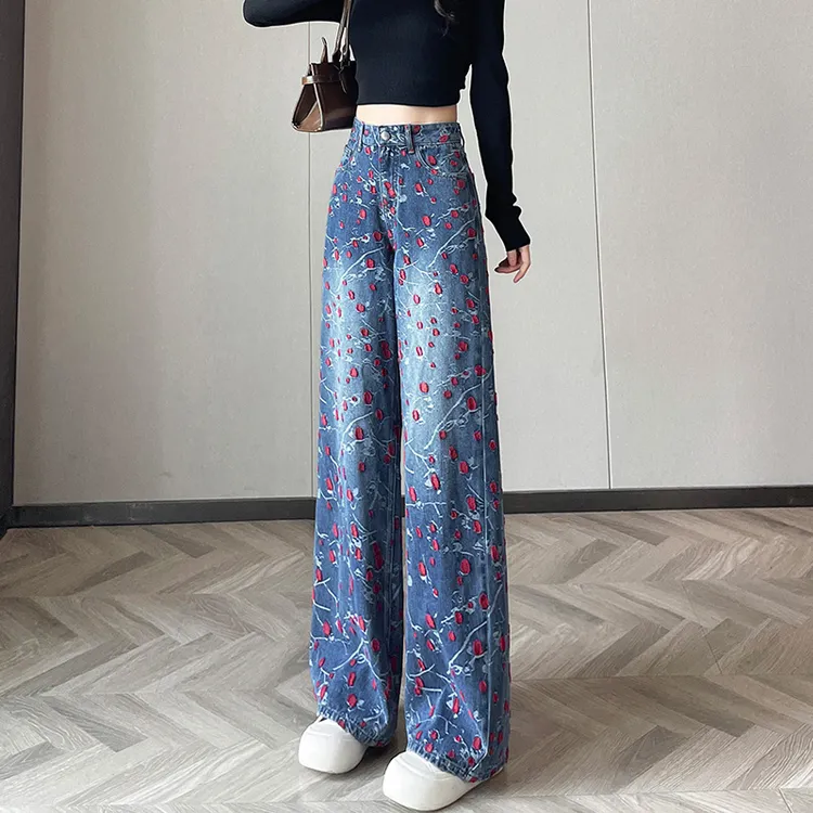 蜜蜜穿搭红色撞色贴布牛仔裤女2025秋季提花刺绣直筒阔腿拖地长裤