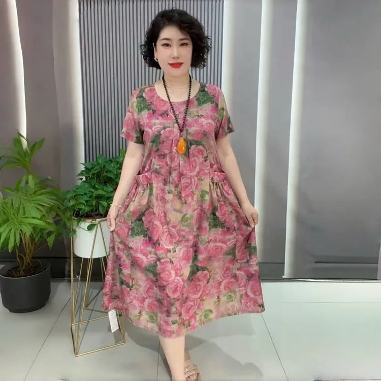 中老年夏装中长款过膝加肥大码宽松胖妈妈装折肚子显瘦连衣裙