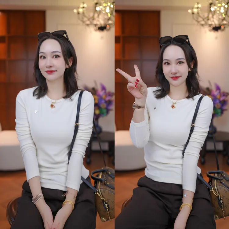 JDND轩羽【素雅简柔】休闲刺绣亮片百搭长袖圆领T恤上衣XY25510 