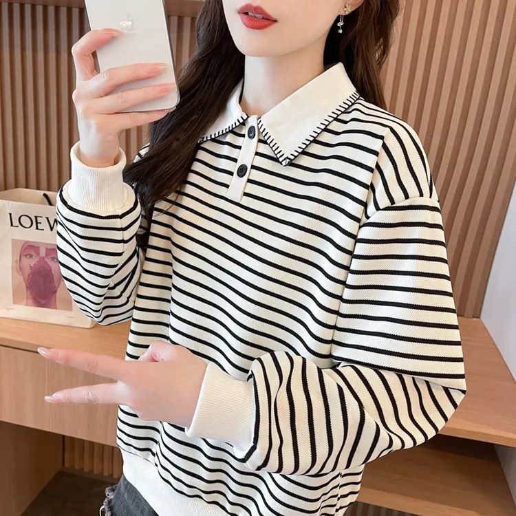 学院风条纹设计感polo领薄款卫衣女春秋新款韩版宽松百搭显瘦上衣