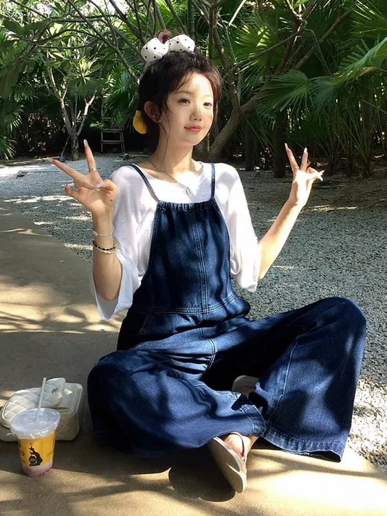 哈尼HONEY日系春秋减龄牛仔背带裤细肩带抽绳绑带直筒阔腿连体裤