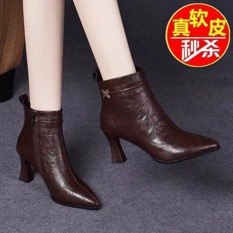 品牌断码真皮手抓纹尖头短靴女2024春秋时尚百搭女士加绒靴高跟鞋