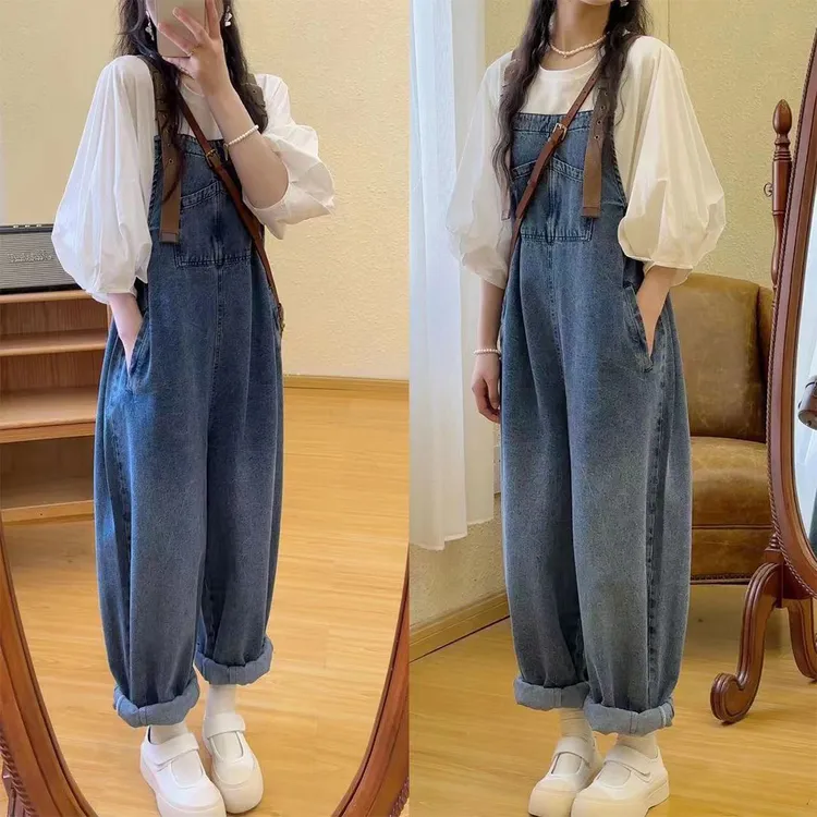 2025夏款新款女童复古牛仔背带裤女孩时尚修身百搭衬衣两套装D