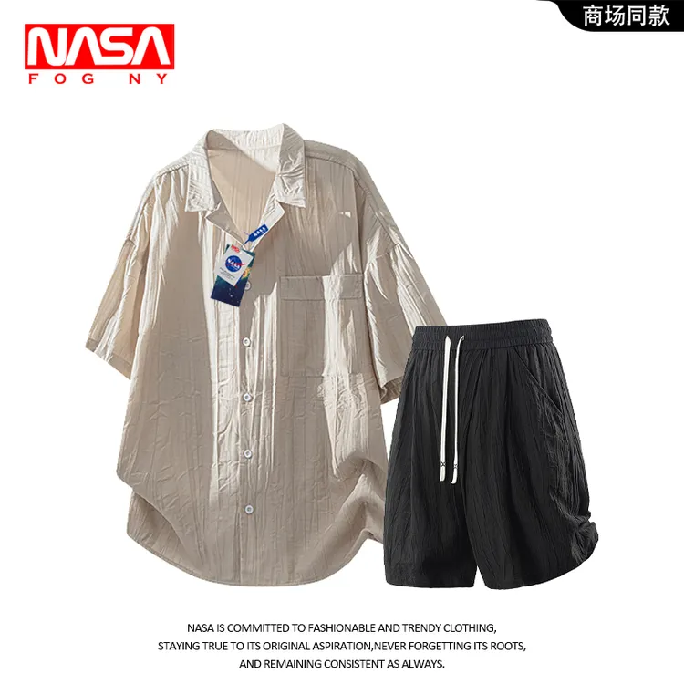 NASA夏季时尚老钱风翻领开衫短袖上衣男士薄宽松百搭休闲短裤套装