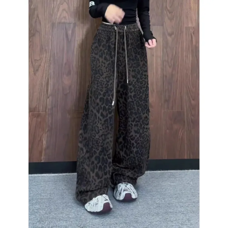 豹纹阔腿裤子女早秋季2025新款美式复古炸街高腰显瘦直筒拖地长裤