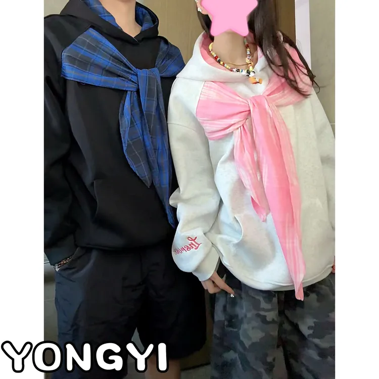YONGYI国潮格子围巾字母刺绣撞色连帽卫衣坎肩撞色款宽松百搭