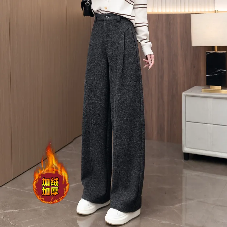 羊毛呢加绒加厚阔腿裤女秋冬2025新款高腰垂感宽松保暖休闲弯刀裤