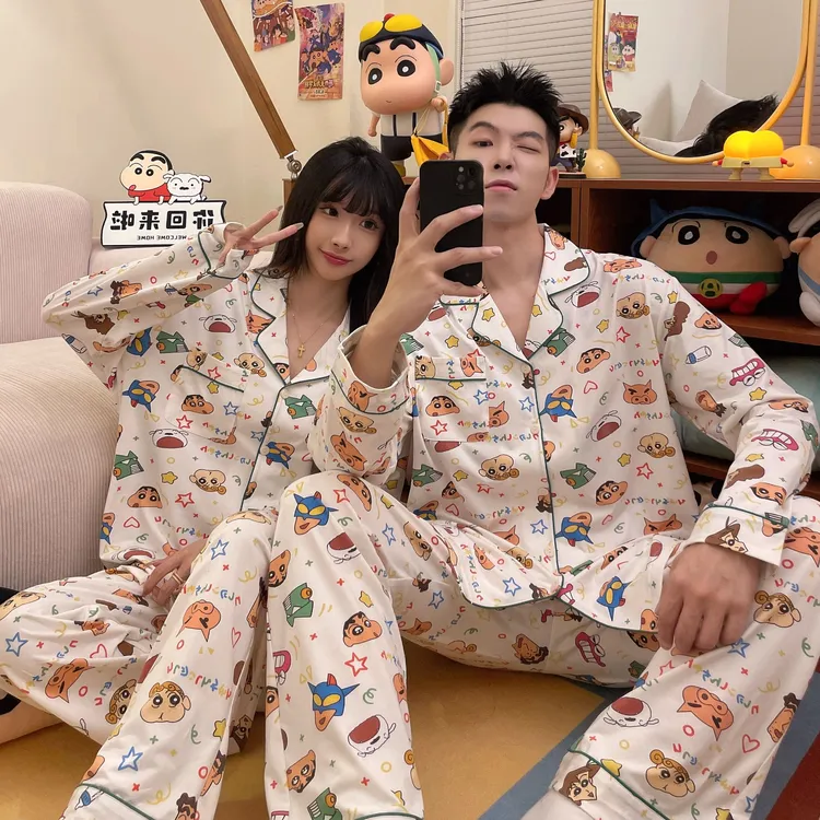 【蜡笔小新联名】情侣睡衣女男士春秋卡通印花长袖纯棉家居服套装