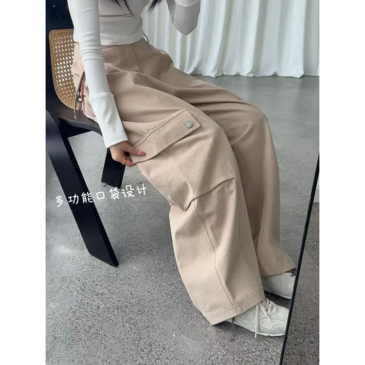 抽绳显瘦100%纯棉ins休闲裤秋季工装裤直筒宽松美式裤子