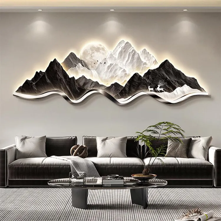 轻奢高级感客厅装饰画背有靠山大气山水画沙发背景墙挂画立体壁画