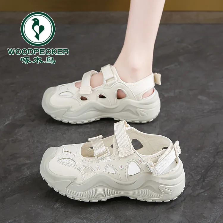 啄木鸟女鞋运动凉鞋2025新款夏季外穿厚底镂空洞洞魔术贴旅游百搭