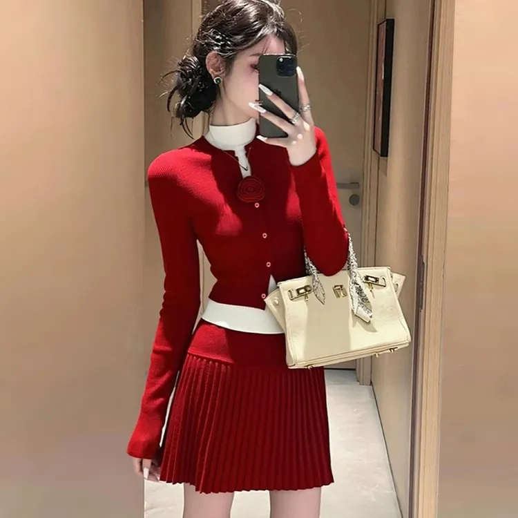法式巨好看红色针织套装裙子女2025新款韩系一整套深秋冬圣诞穿搭