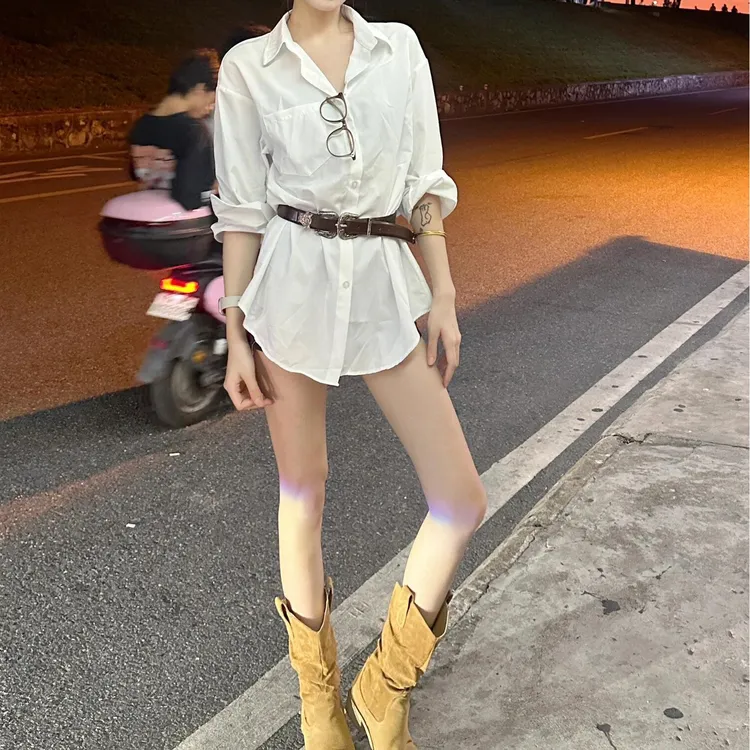 赵露思同款白色长袖衬衫连衣裙女春秋新款法式气质收腰显瘦短裙子
