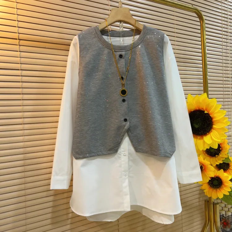 YM拼接撞色韩版中长款遮肉假两件大码长衫上衣女