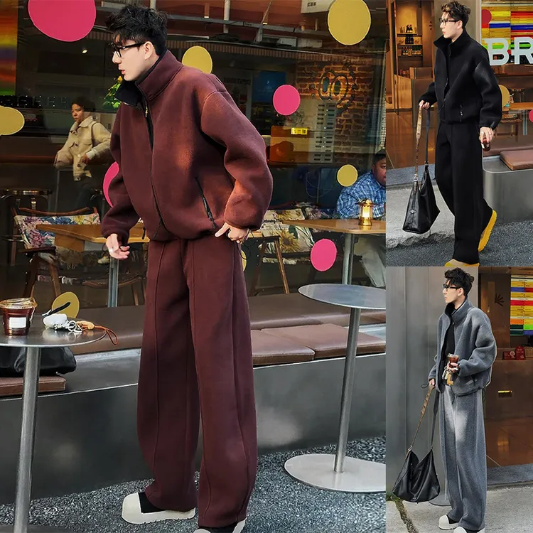 高品质双面摇粒绒保暖套装男士冬季潮流宽松立领外套直筒裤两件套