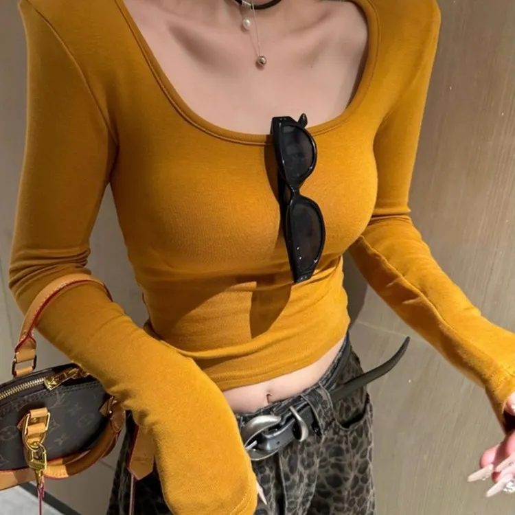 （现货+8个色）~带垫肩 纯欲U领长袖t恤打底衫女2025秋辣妹修身上衣