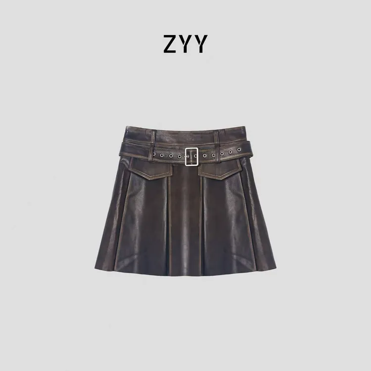 ZYY【北欧港湾】2025S/S新款高腰PU皮a字百褶短裙X25DDQ05331