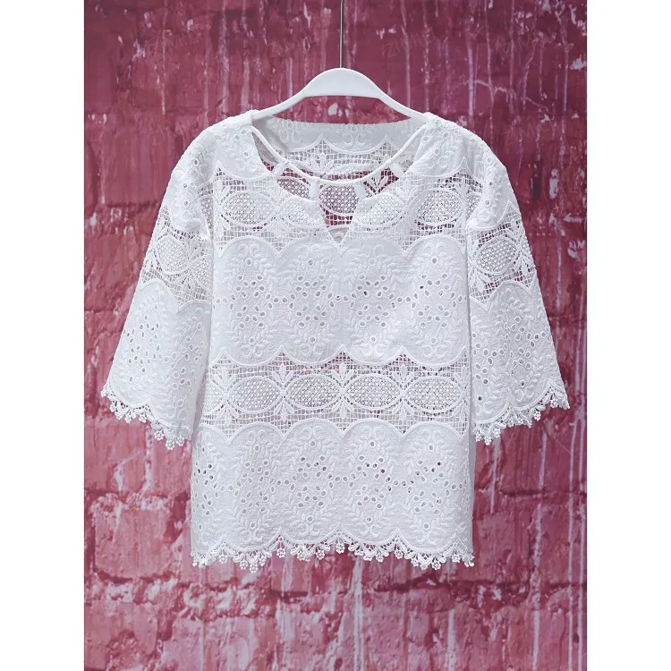 【韩哥女装】夏季月光白镂空蕾丝短袖T恤9739