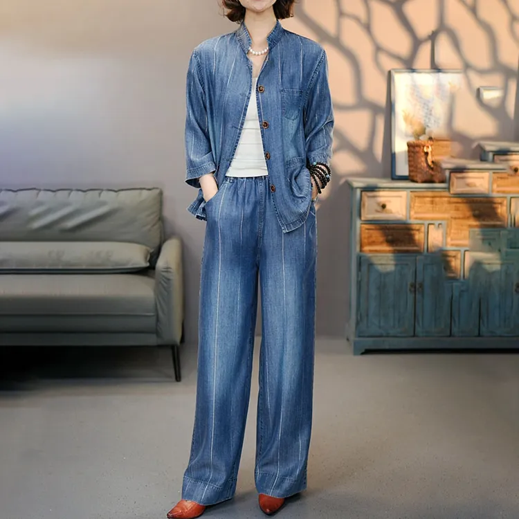 8832套装蓝2025夏季新款莱赛尔裤子阔腿裤