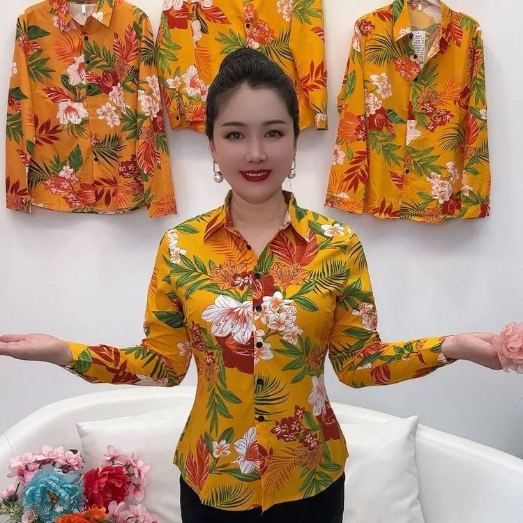 碎花衬衫长袖春秋新款中年时尚妈妈衬衣印花洋气上衣