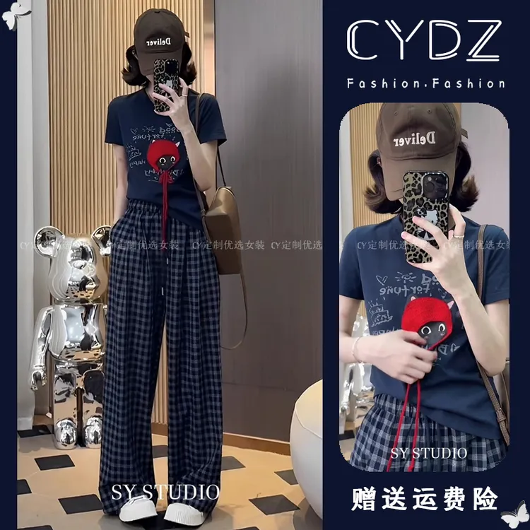 韩风chic一整套学院风立体猫咪印花短袖T恤女复古格子休闲裤套装