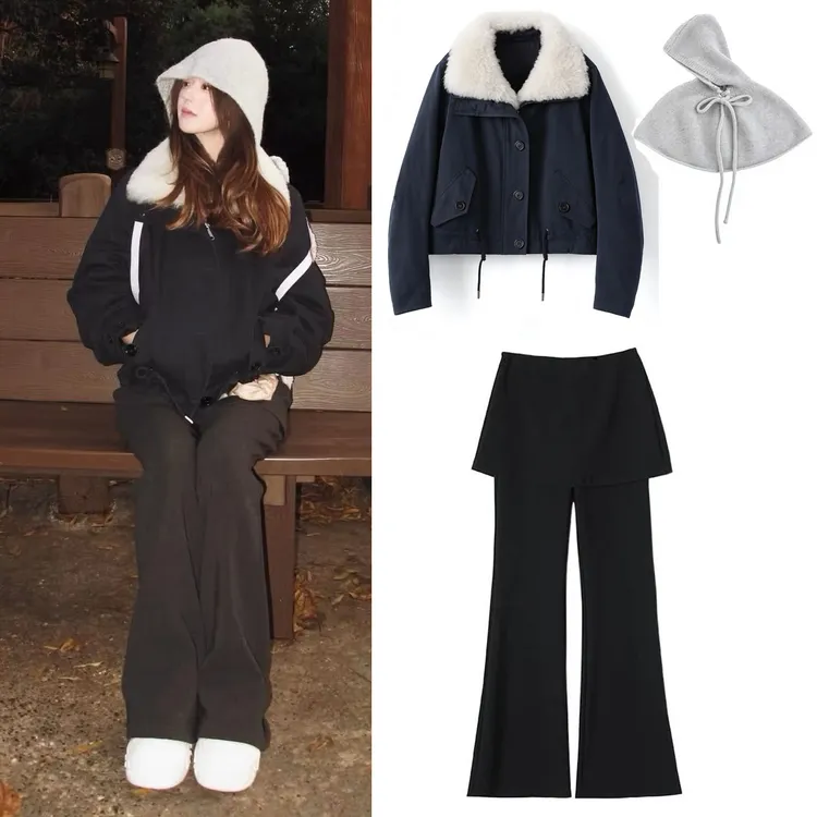赵露思同款派克服宽松保暖外套披肩连帽斗篷假两件屁帘微喇叭裤子