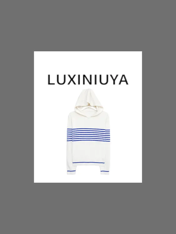 【LUXINIUYA】‘蔚蓝舵手’ 100羊毛刺绣撞色条纹连帽针织衫#QDS175