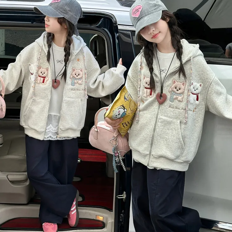 女童秋冬加厚外套中大童6-13岁洋气儿童绣花狗狗洋气连帽女孩上衣