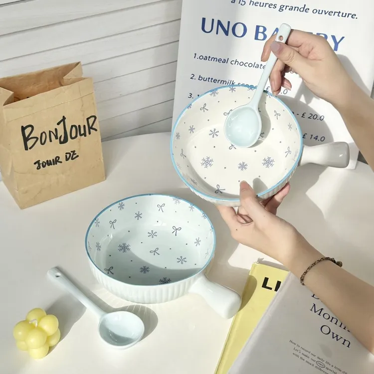 冬日初雪手柄碗少女心饭碗陶瓷一人食套装下彩ins餐具高颜值泡面