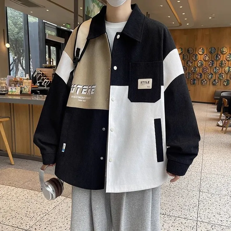 拼色衬衣外套男春秋2025新款长袖衬衫宽松潮流灯芯绒大码男装夹克