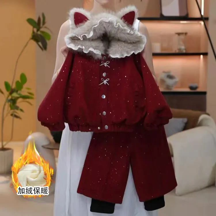 女童2025冬季新款加绒加厚套装小女孩韩版时髦儿童呢子外套长裤