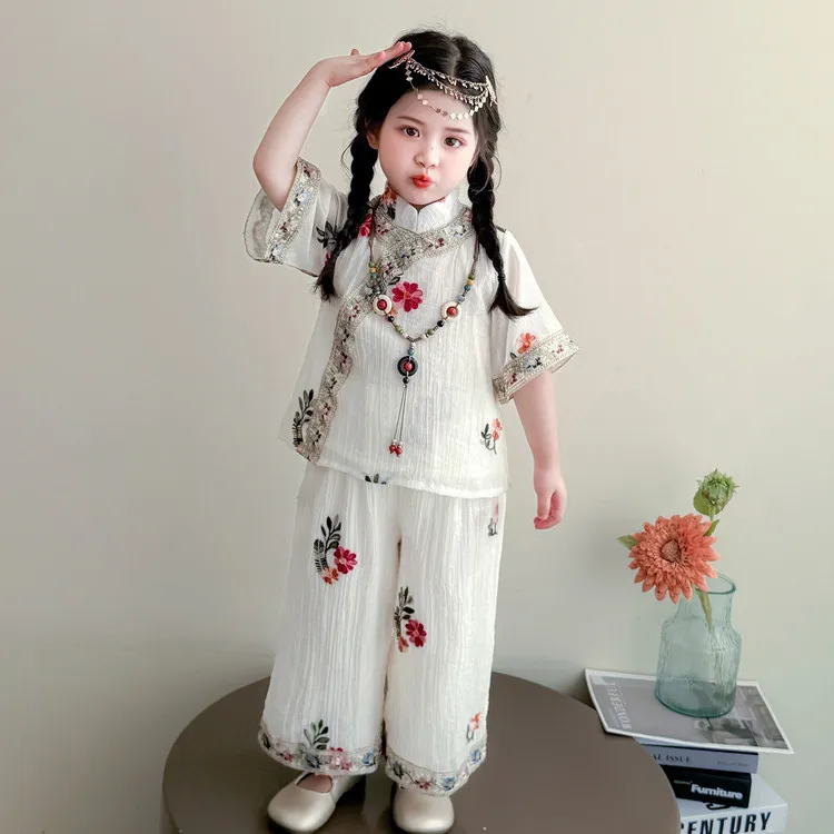 女童夏季新中式花朵刺绣套装2025新款小女孩儿童中国风洋气两件套