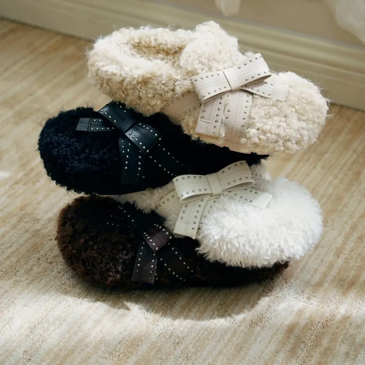 白色甜美蝴蝶结软羔毛毛厚底包头拖鞋女2025秋冬新款加绒保暖棉鞋